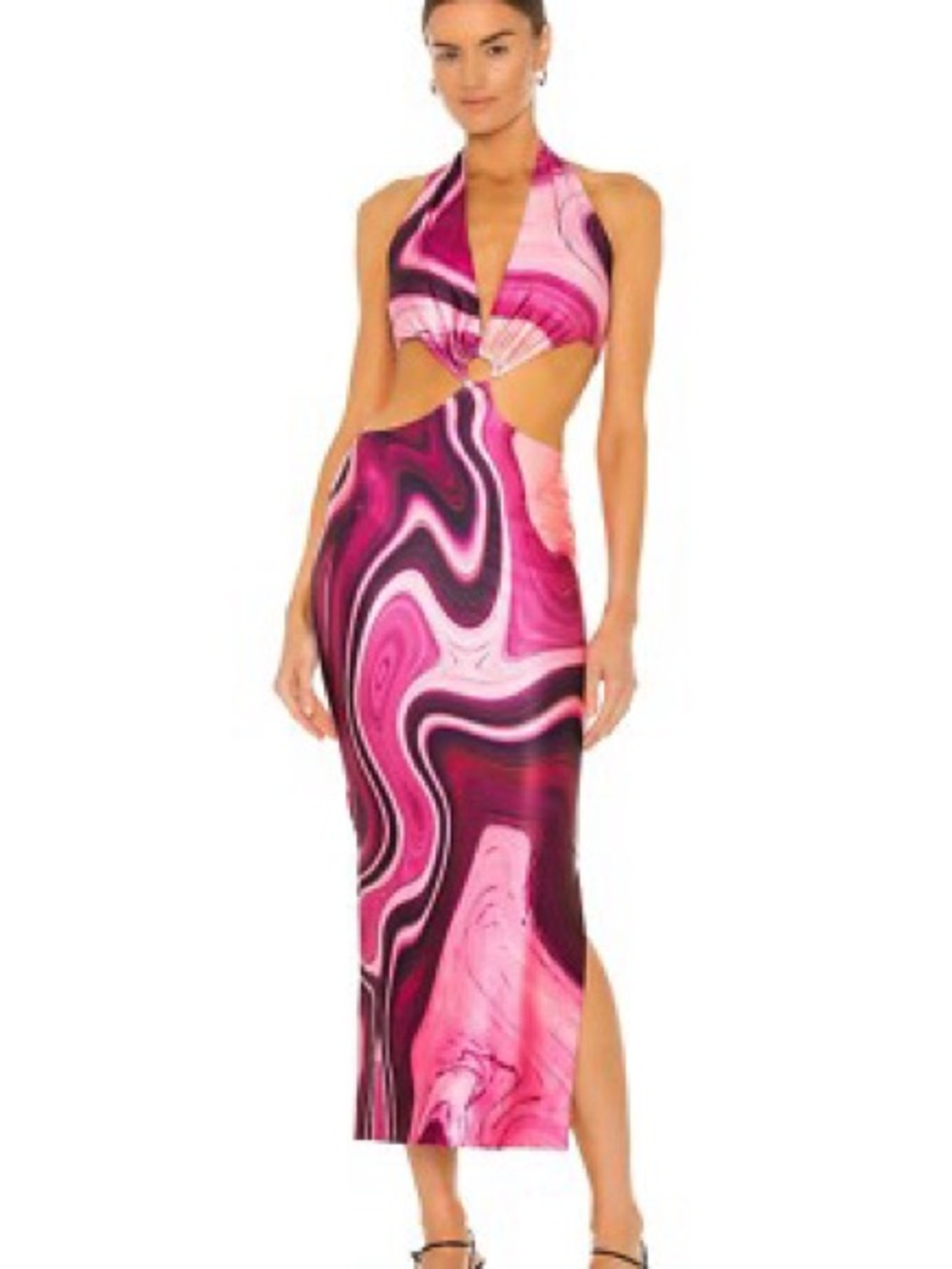 Farai London- Pink Marble Halter Cutout Midi Dress